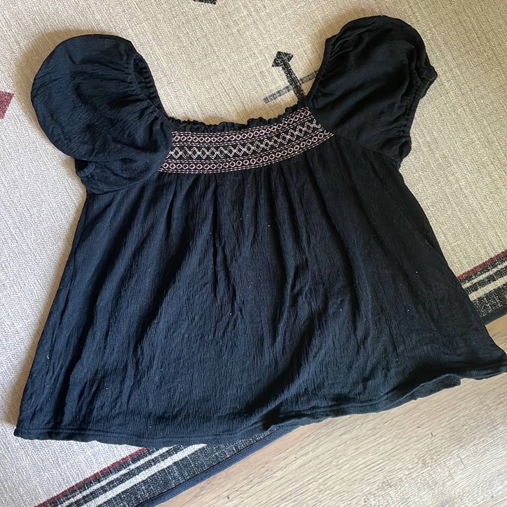 Madewell Black & Pink Embroidered Square Neck Puff Sleeve Boho Peasant Top